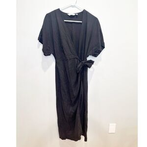 & other stories linen blend midi wrap dress black